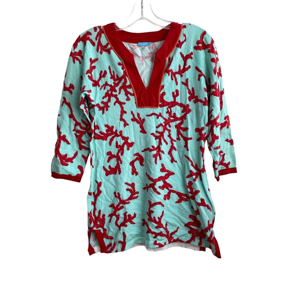 J. McLaughlin Vneck Coral Blue Red Sweater Women Size Small Cotton Blend Stretch